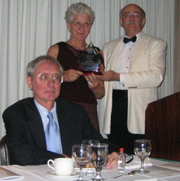 Pictured L-R:  Pres. Ted Mirecki, Barbara Lemecha (award recipient), 2nd VP Peter Obst (presenter of Founders Award)