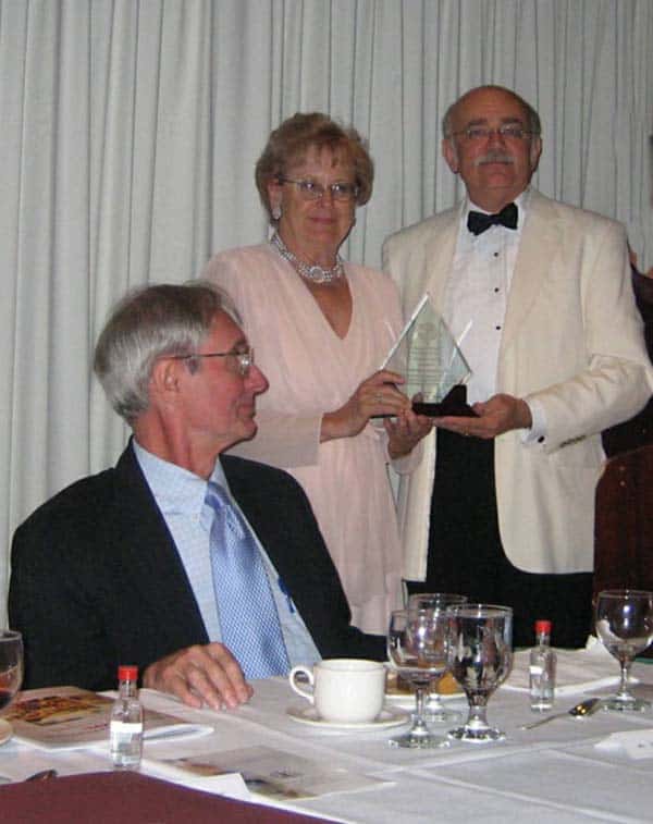 Pictured L-R:  Pres. Ted Mirecki, Henrietta Nowakowski (award recipient), 2nd VP Peter Obst (presenter of Founders Award)