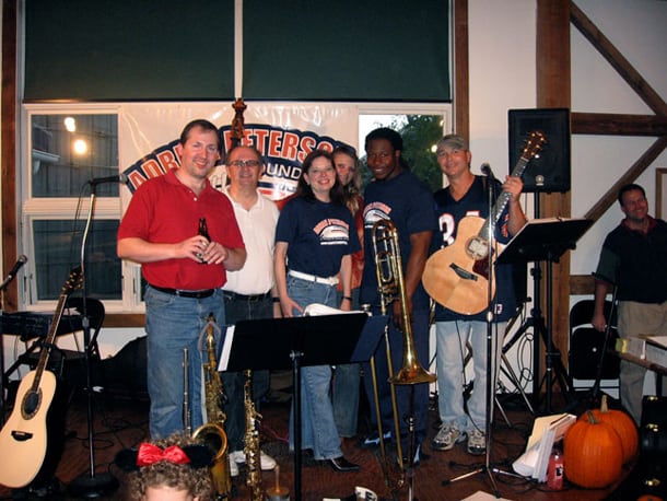 Adrian Peterson Foundation Benefit: Trombonist Kelly Beaman, saxophonist Mike Knauf, Joan Hammel, bassist Stacy McMichael, Chicago Bear Adrian Peterson and guitarist Ron Brandt.  