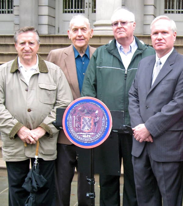 Outside City Hall in New York – (From left to right):  Chet Szarejko and Frank Milewski of the Downstate N.Y. Division of the Polish American Congress along with Bill Donohue, President of the Catholic League for Religious and Civil Rights, join in support of City Council Member Tony Avella at his press conference to allow nativity scene displays in New York City public elementary and secondary schools.