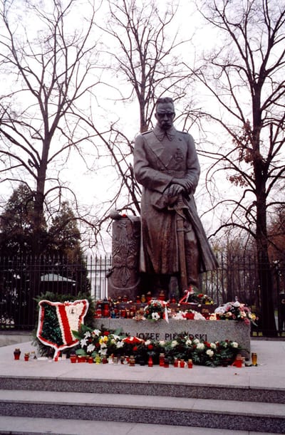 Jozef Piludski monument at the entrance to Royal Lazienki Park in Warsaw.